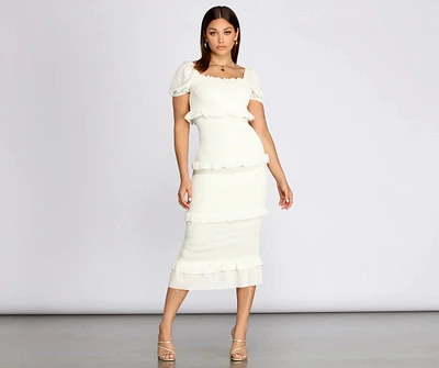 Ruffle Square Neck Smocked Midi Dress