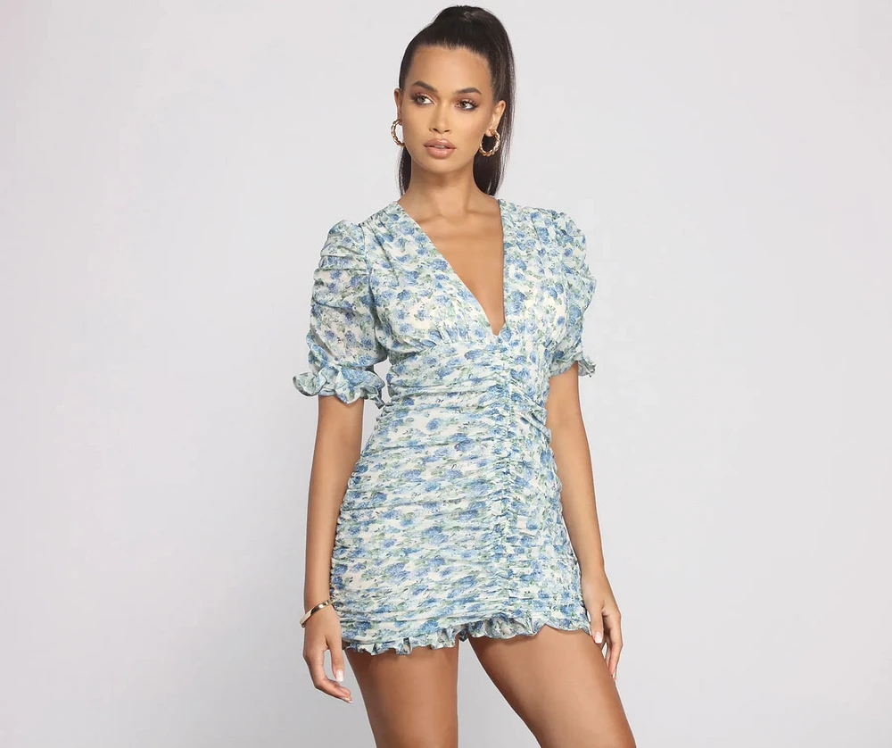 Floral Persuasion Ruched Mini Dress