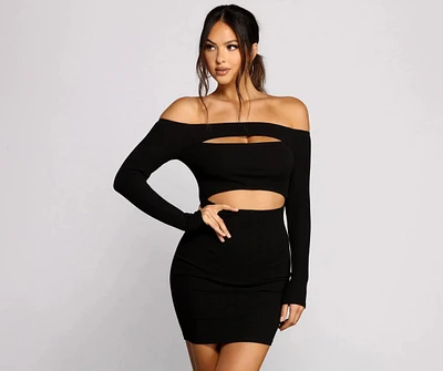 Off The Shoulder Ribbed Knit Cutout Mini Dress