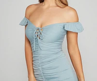 Swept Away Off-The-Shoulder Ruched Mini Dress