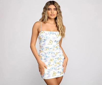 Butterfly Charm Ruched Mini Dress