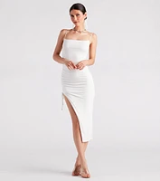 Favorite Pick Ruched Slit Midi Dress