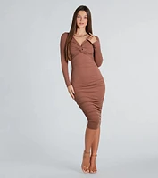 Twisted Up Long Sleeve Rib Knit Midi Dress