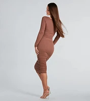 Twisted Up Long Sleeve Rib Knit Midi Dress