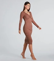 Twisted Up Long Sleeve Rib Knit Midi Dress