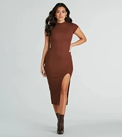 Sweet Demeanor Mock Neck Ribbed Knit Midi Dress