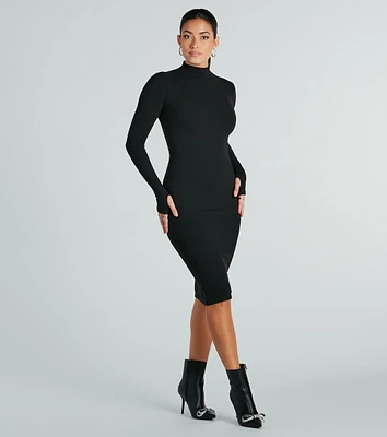 High Class Mock Neck Long Sleeve Midi Dress