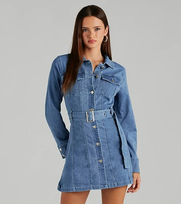 Season Of Fun Denim Collared A-Line Mini Dress