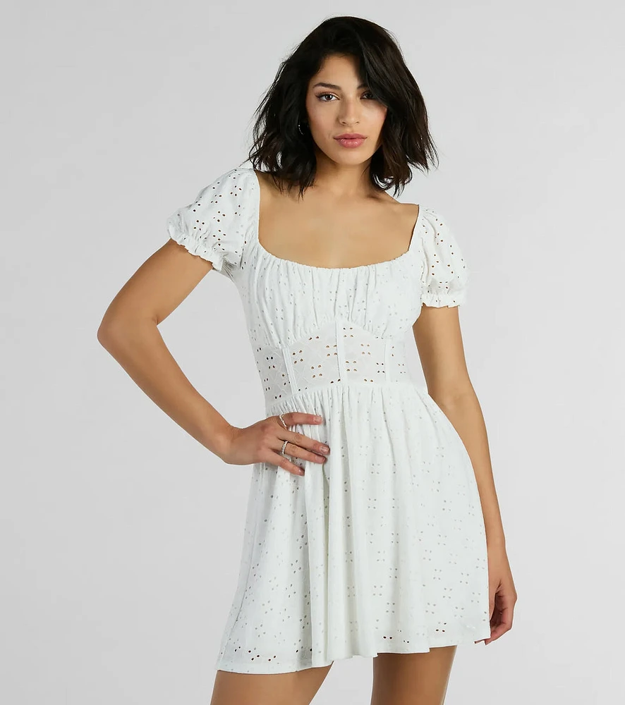 Charming Appeal Puff Sleeve Eyelet Knit Skater Dress