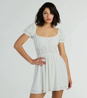 Charming Appeal Puff Sleeve Eyelet Knit Skater Dress