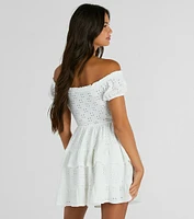 Catch A Cutie Short Sleeve Cutout Eyelet Skater Dress