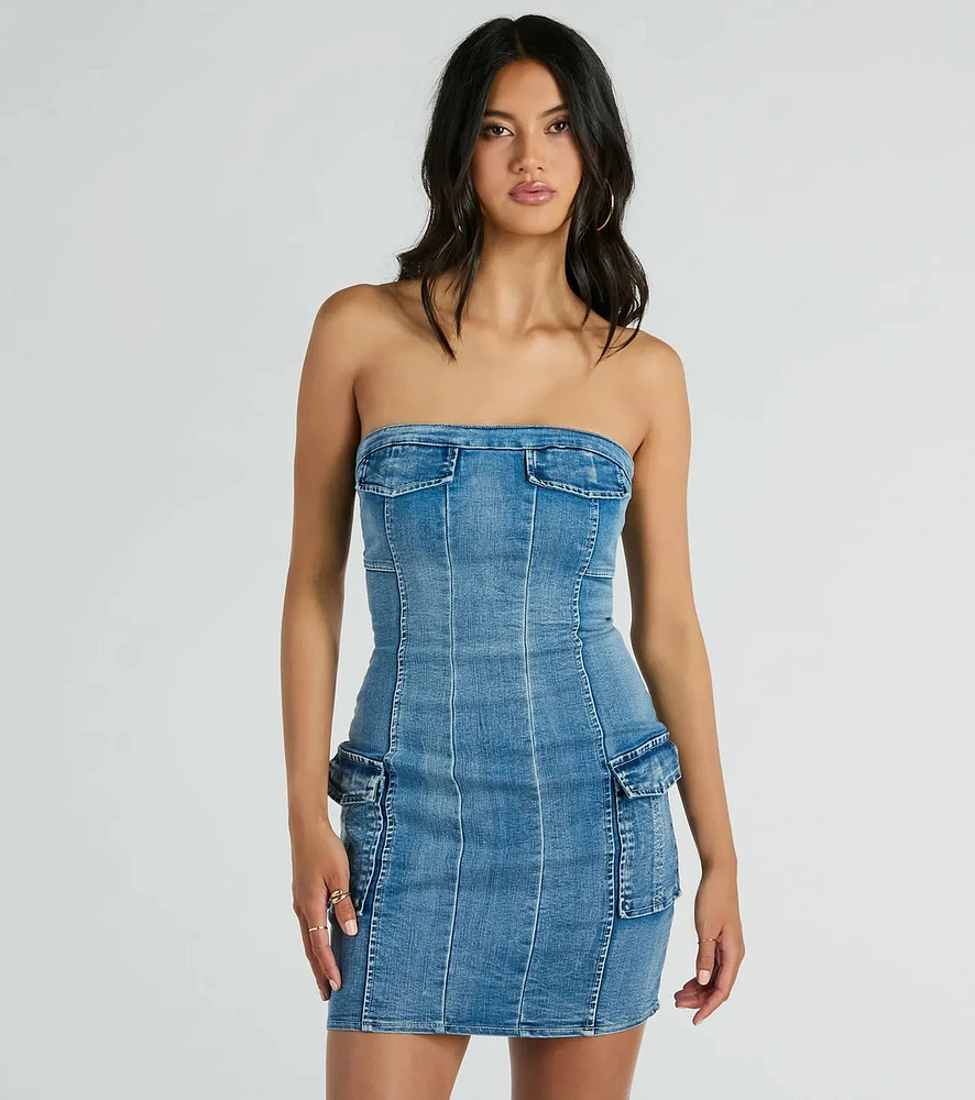 Trendy Girl Next Door Strapless Denim Mini Dress