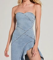 Admiring Style Strapless Ruffle High Low Denim Dress