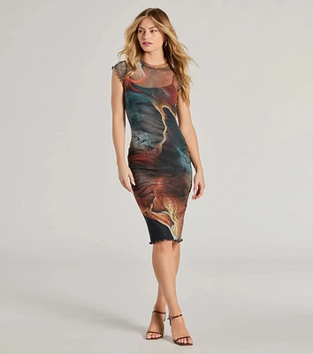 Bold Allure Abstract Print Mesh Midi Dress