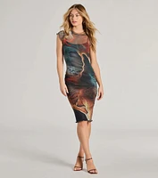 Bold Allure Abstract Print Mesh Midi Dress