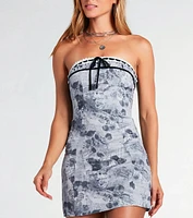 Attention Getter Strapless Newspaper Print Mini Dress