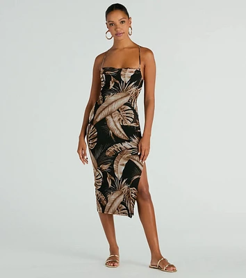 Alluring Vacay High Slit Tropical Mesh Midi Dress