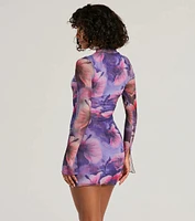 Stun And Only Mock Neck Floral Mesh Mini Dress