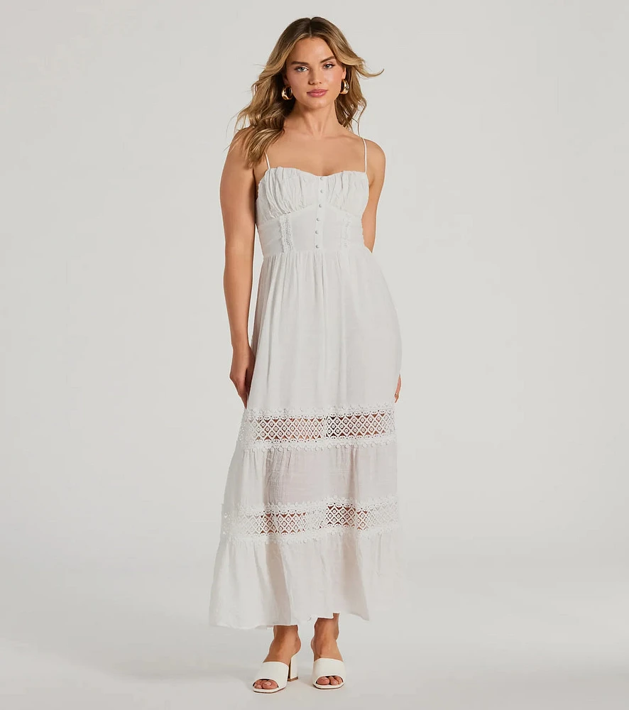 Feel The Romance Sweetheart Button Lace Trim Maxi Dress