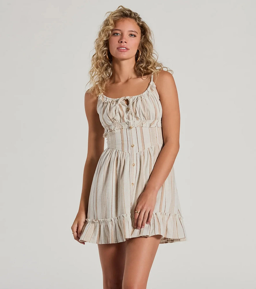 Cute Style Button Ruffled Striped Linen Skater Dress