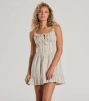 Cute Style Button Ruffled Striped Linen Skater Dress