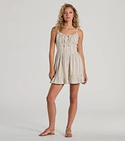 Cute Style Button Ruffled Striped Linen Skater Dress