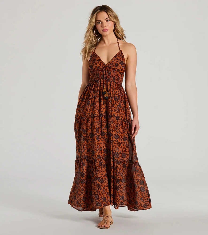 Stunning One Halter V-Neck Ruffle Floral Maxi Dress