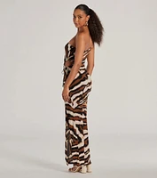 A Little Wild One-Shoulder Zebra Print Maxi Dress