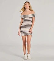 Stylishly Striped Knit Off-The-Shoulder Mini Dress