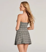 Autumn Attitude Strapless Pleated Plaid Mini Dress