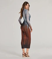 Sultry Silhouette Abstract Print Mesh Midi Dress