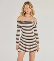 Cozy Flair Striped Knit Off-The-Shoulder Mini Dress