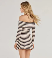 Cozy Flair Striped Knit Off-The-Shoulder Mini Dress