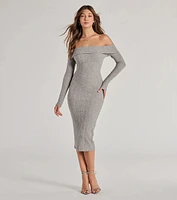 Perfect Curves Ribbed Knit Off-The-Shoulder Midi Dress