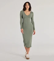 Casual Chic Style Long Sleeve Ribbed Knit Midi Dress