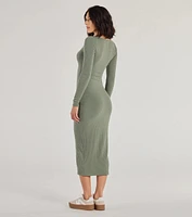 Casual Chic Style Long Sleeve Ribbed Knit Midi Dress