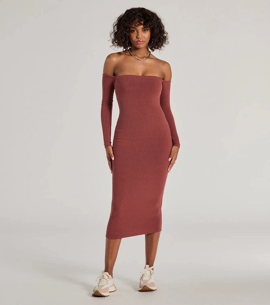 Carefree Chic Long Sleeve Ribbed Knit Midi Dress