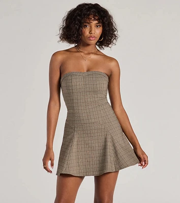 Adorable Look Plaid Print Strapless Skater Dress