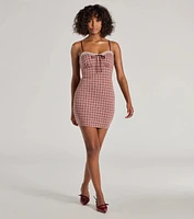 Flirty Silhouette Lace Trim Plaid Mini Dress