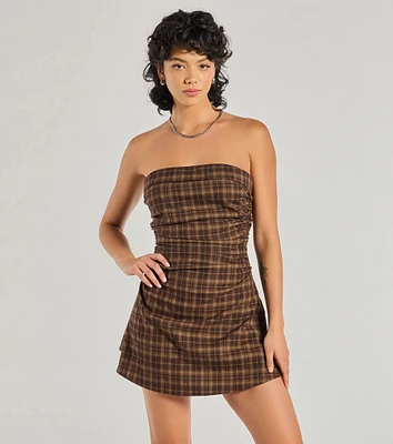 Cute Plaid Strapless A-Line Mini Dress