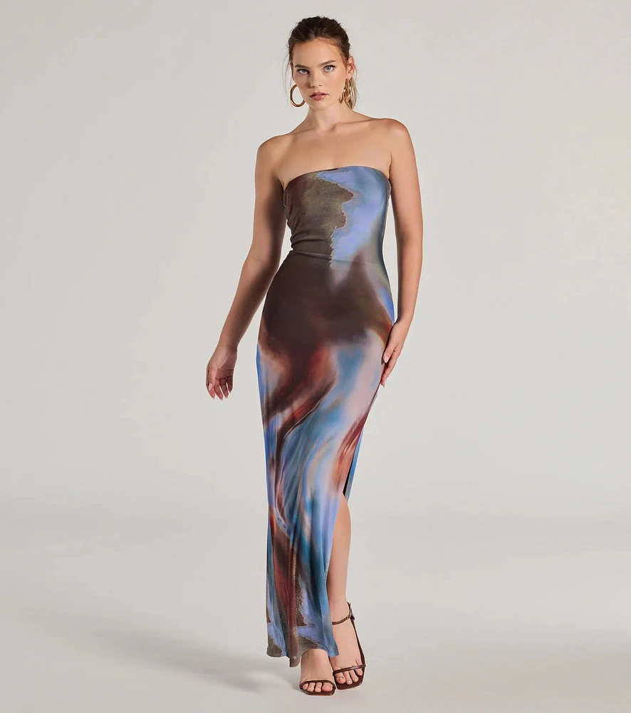 Chic Showstopper Abstract Print Mesh Maxi Dress