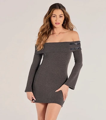 Buckled Beauty Off-The-Shoulder Knit Mini Dress