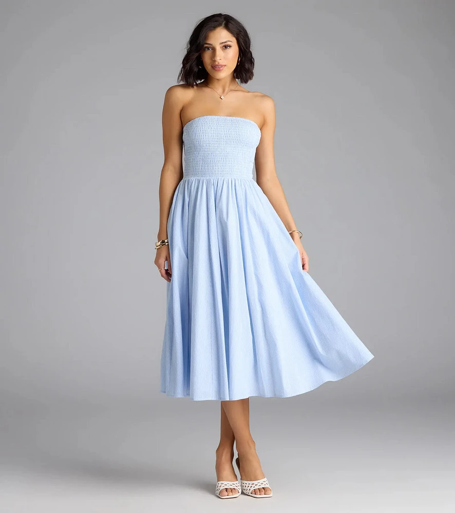 Breeze By Strapless Striped A-Line Midi Dress