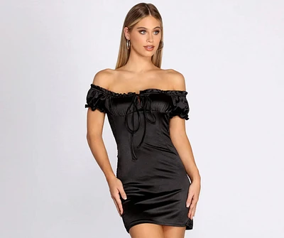 Satin Off Shoulder Mini Dress