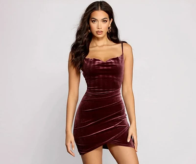 So Lovely Velvet Cowl Neck Asymmetrical Mini Dress