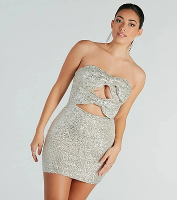 So Beloved Sequin Strapless Bow Mini Dress