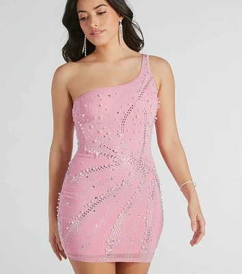 Undeniable Glow One-Shoulder Faux Pearl Mini Dress