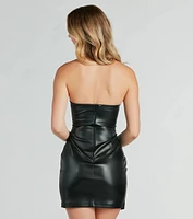 Sleek Strapless Chain-Trim Faux Leather Mini Dress