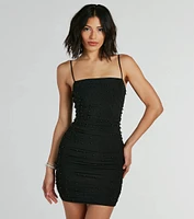 Extra Chic Pearl Ruched Mesh Mini Dress