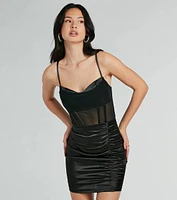 Sexy Chic Ruched Satin And Mesh Corset Mini Dress